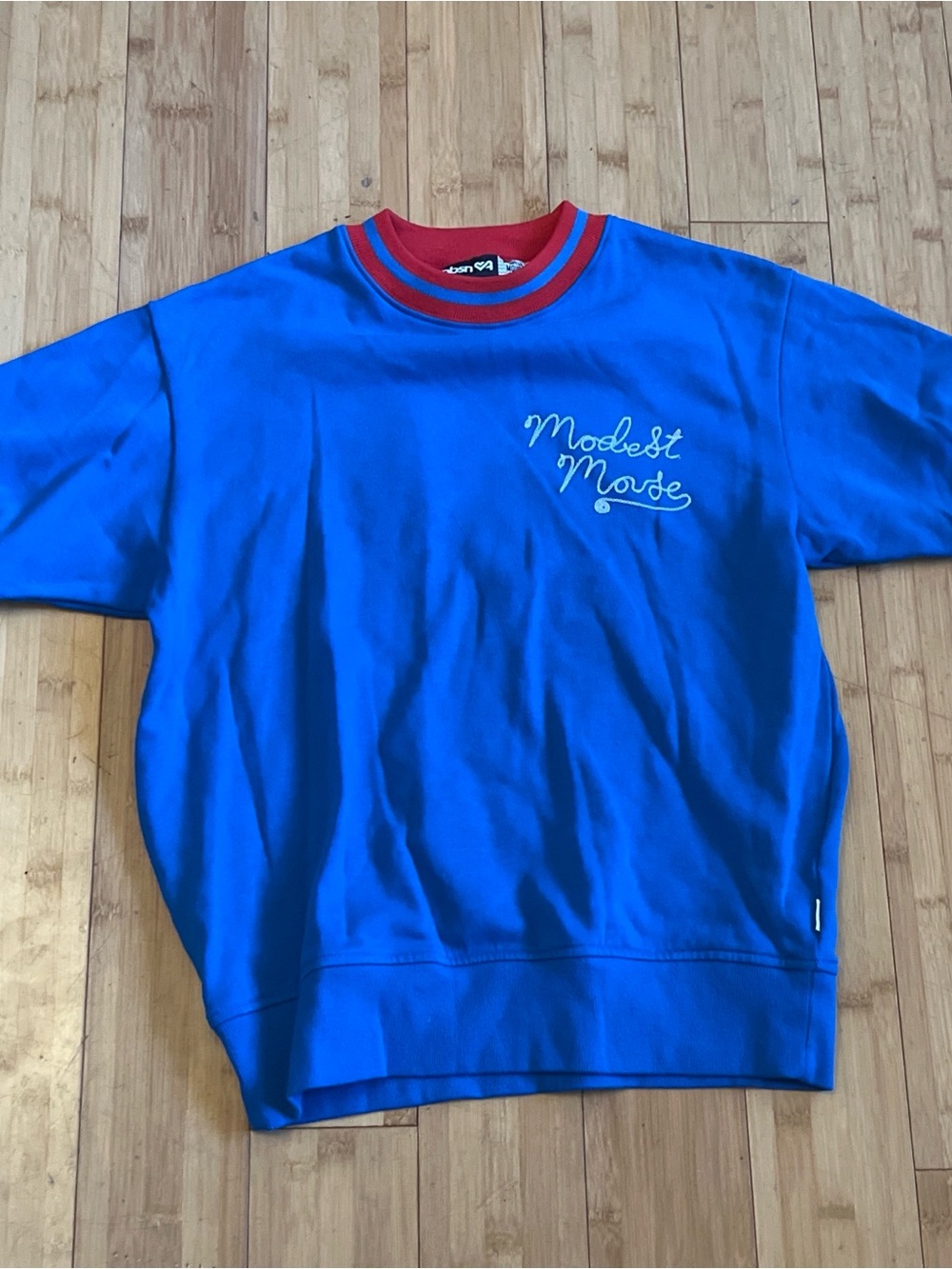 Modest Mouse Blue Short-Sleeve Crewneck Sweatshirt with Red-Trim Collar